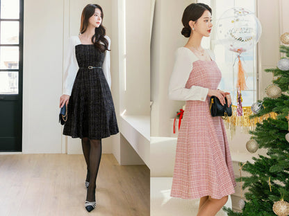 Classic Elegant Layered Tweed Flare Dress with Belt / Korean Style Feminine Mini Dress / Luxury wear Elegant Dress