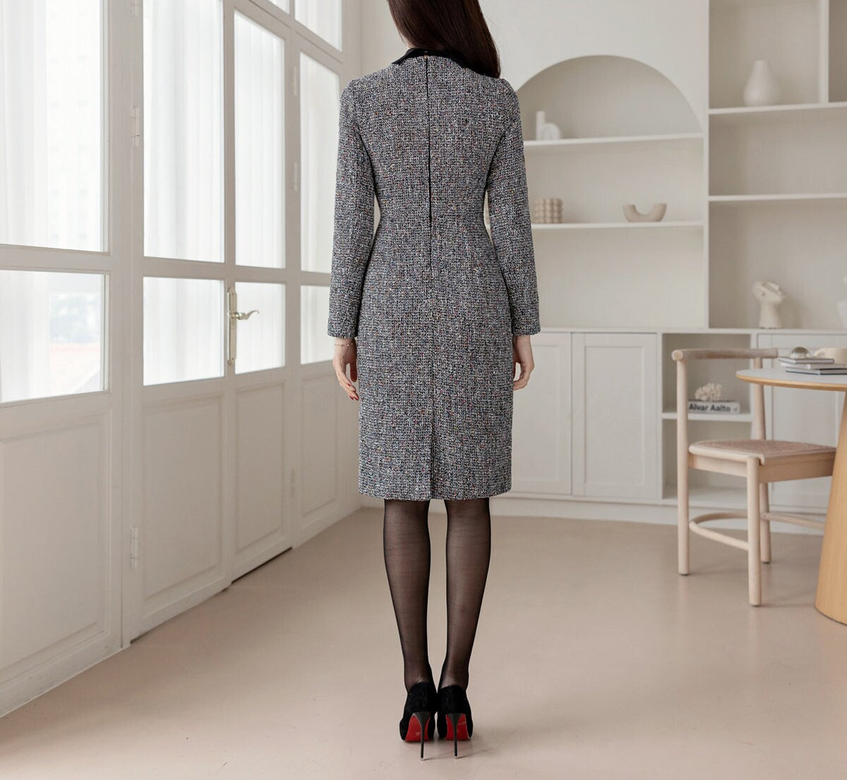 Classic Elegant Ribbon Tie Neck Tweed Dress / Korean Style Simple Mini Dress / Luxury wear Elegant Dress