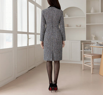 Classic Elegant Ribbon Tie Neck Tweed Dress / Korean Style Simple Mini Dress / Luxury wear Elegant Dress