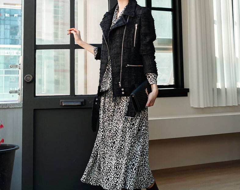 Black Color Tweed Rider Jacket / Korean Style Blouson Jacket for Women / Spring Fall Chic Jacket