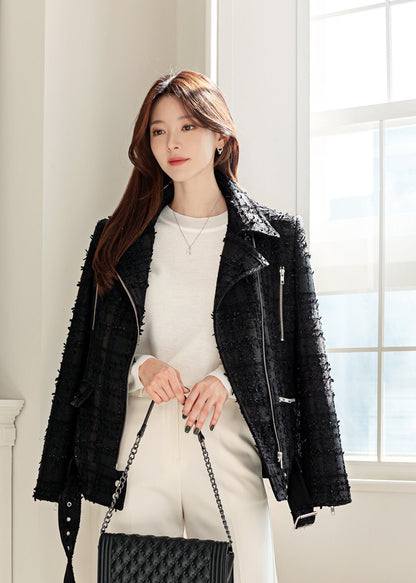 Black Color Tweed Rider Jacket / Korean Style Blouson Jacket for Women / Spring Fall Chic Jacket