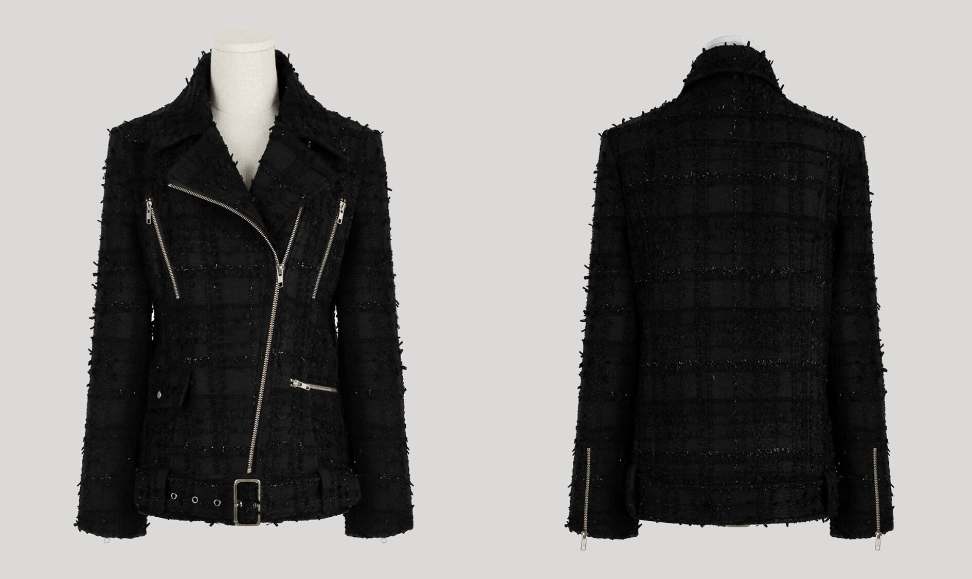 Black Color Tweed Rider Jacket / Korean Style Blouson Jacket for Women / Spring Fall Chic Jacket