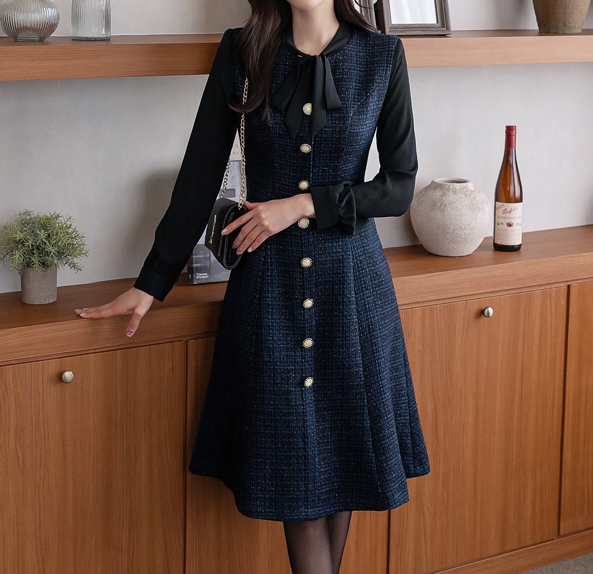 Classic Elegant Layered Tweed Flare Dress / Korean Style Feminine Ribbon Tie Neck Dress / Luxury Wear Elegant Dress