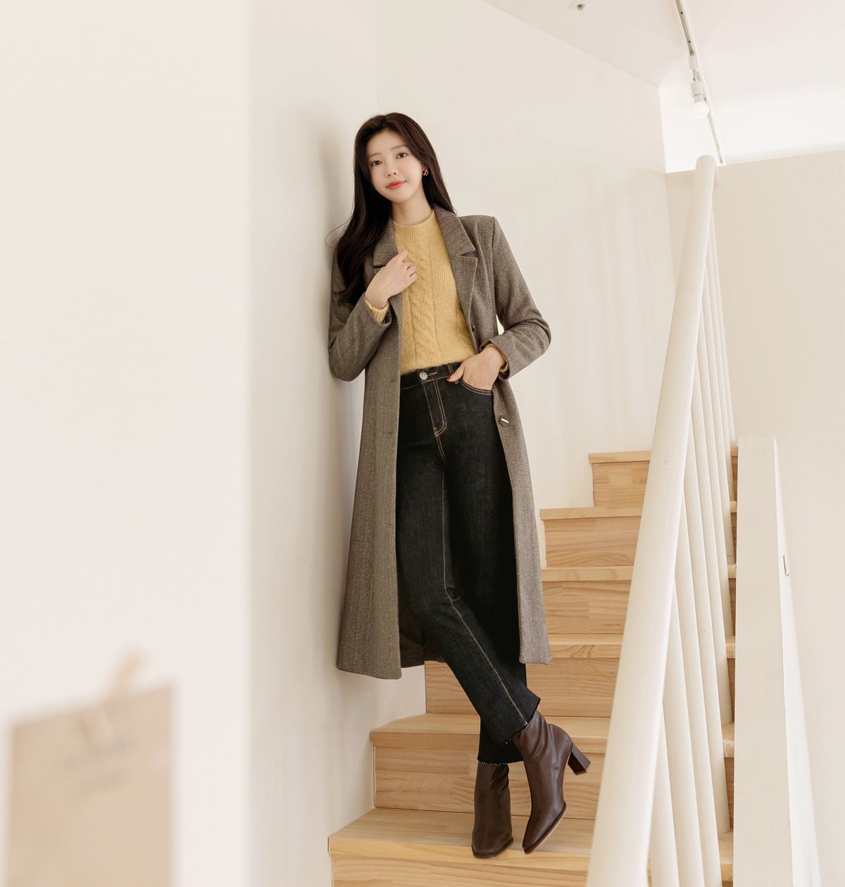 Elegant Classic Winter Coat for Women / Korean Style Tailored Collar Warm Jacket / A-line Herringbone Jacket