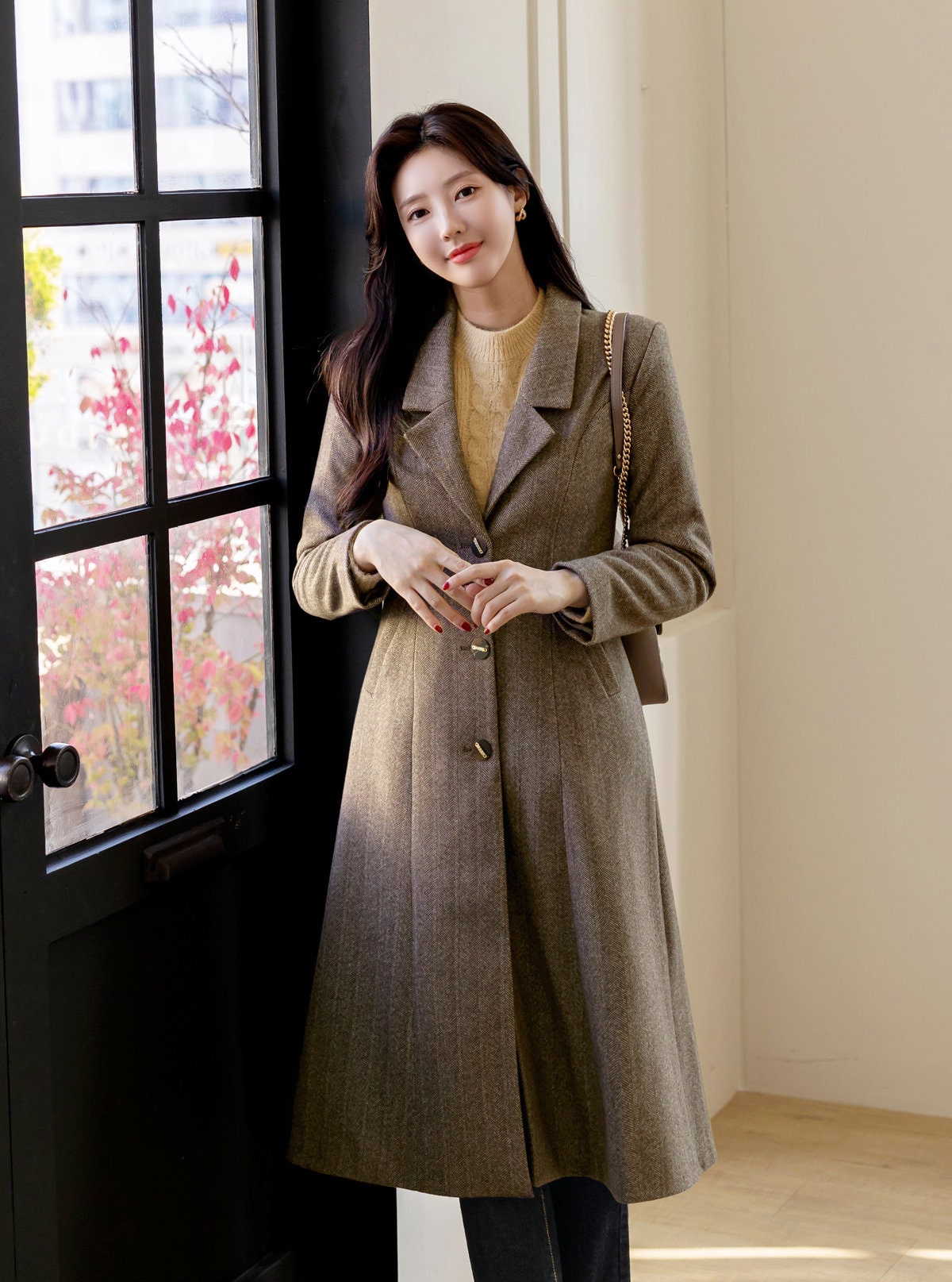 Elegant Classic Winter Coat for Women / Korean Style Tailored Collar Warm Jacket / A-line Herringbone Jacket