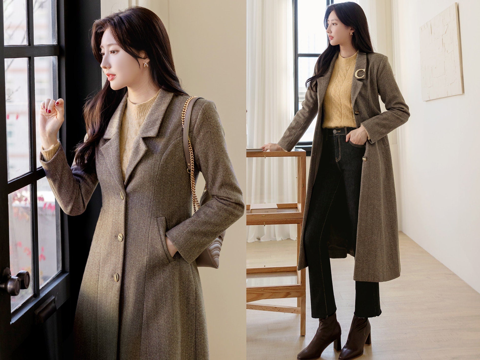 Elegant Classic Winter Coat for Women / Korean Style Tailored Collar Warm Jacket / A-line Herringbone Jacket