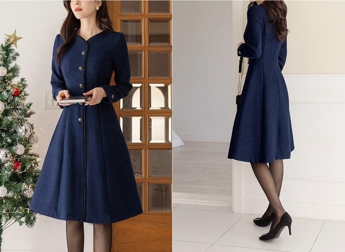 Classic Elegant Tweed Flare Dress / Korean Style Feminine Midi Dress / Luxury wear Elegant Party Dress