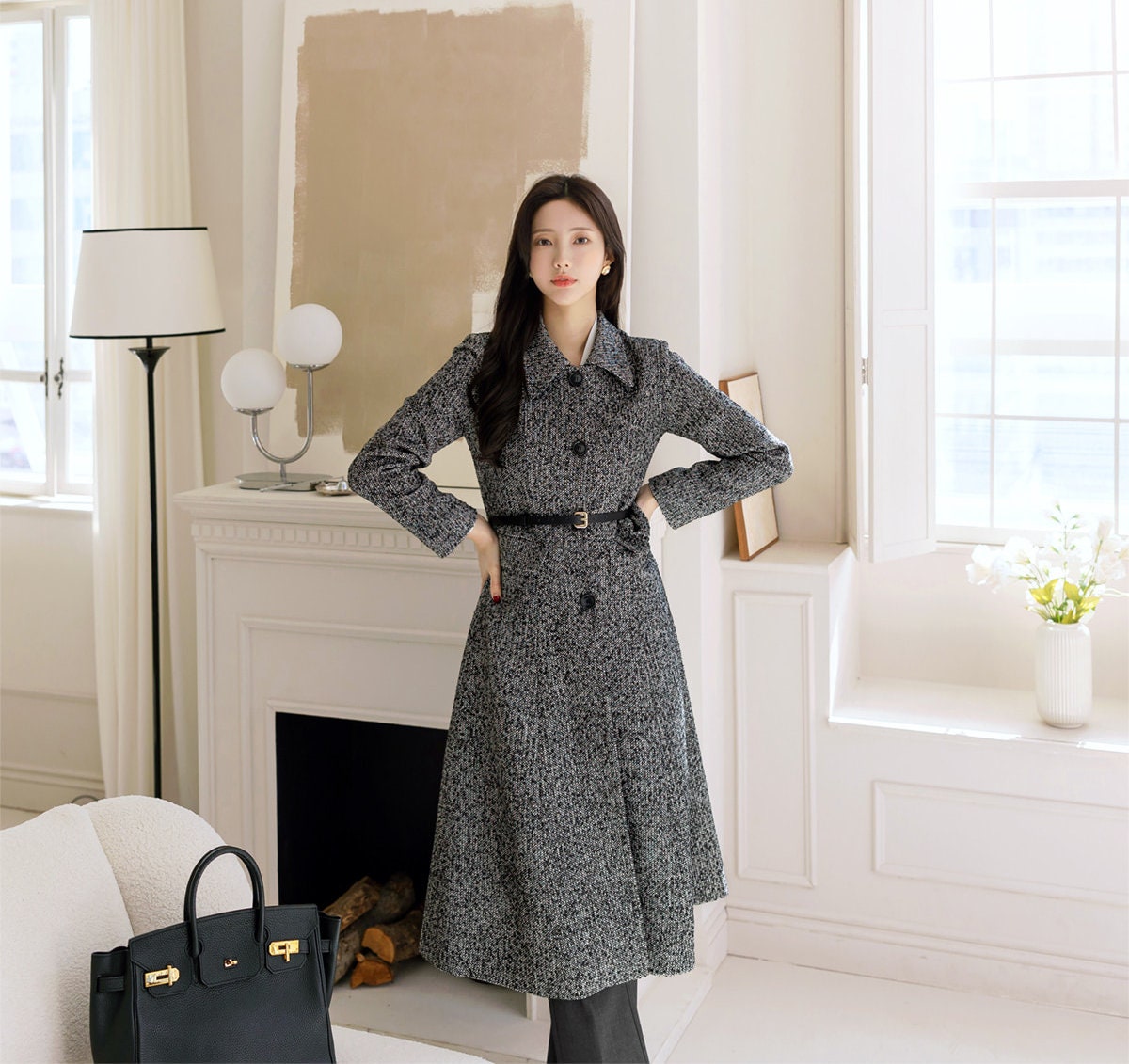 Elegant Feminine Classic Warm Coat with Belt / Korean Style Coat Jacket for Women / Women Long Single Coat