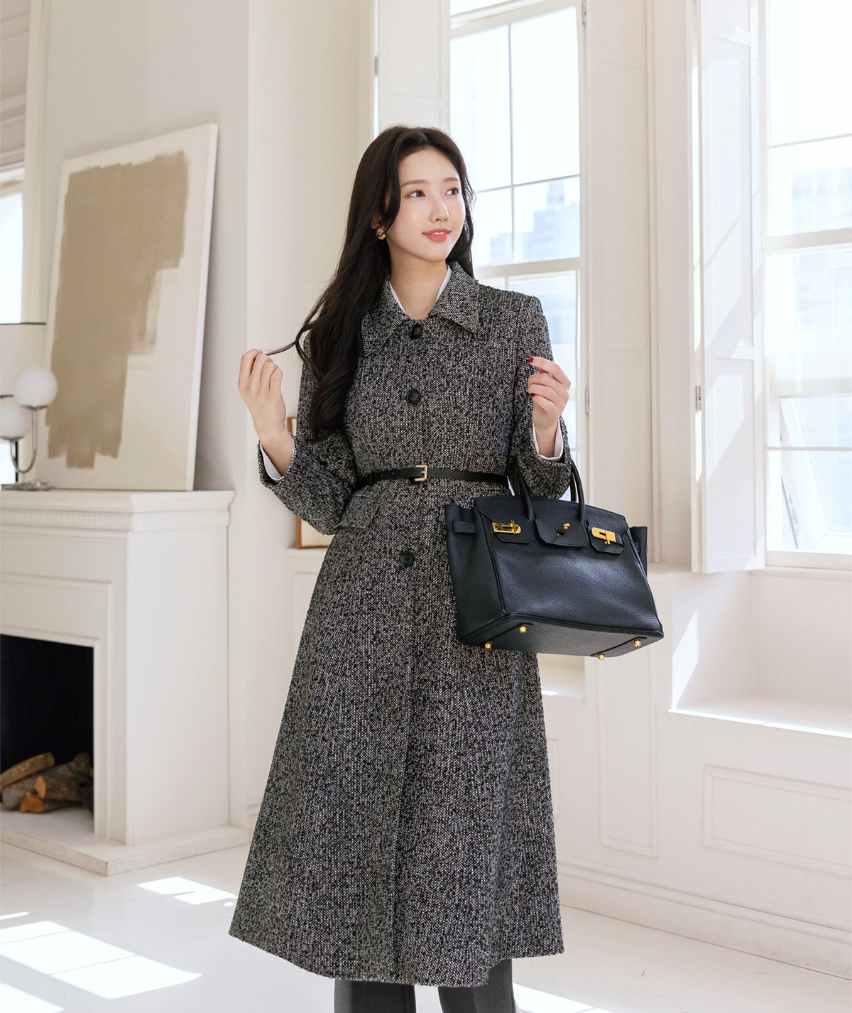 Elegant Feminine Classic Warm Coat with Belt / Korean Style Coat Jacket for Women / Women Long Single Coat