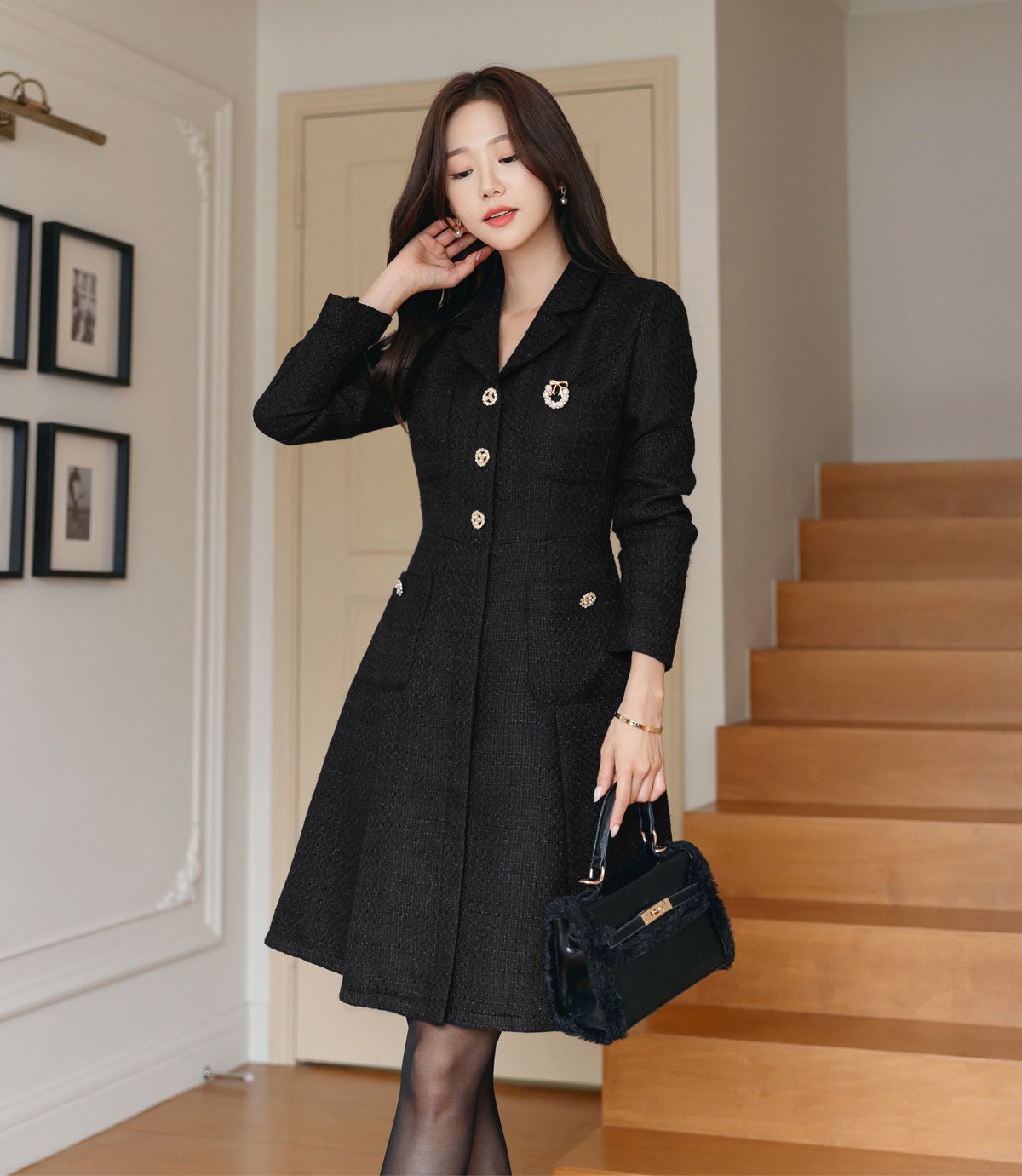 Luxury Elegant Black Tweed Mini Dress / Korean Style Winter Mini Flare Dress / Luxury wear Elegant Dress