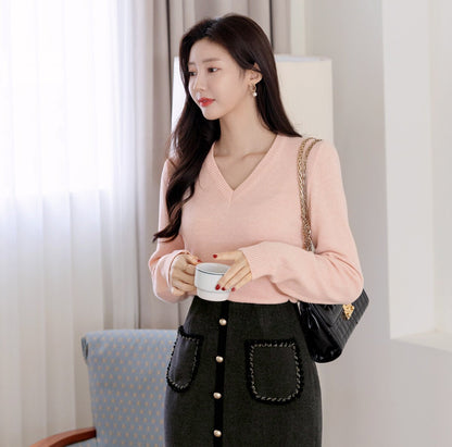 Elegant Long Sleeve Lambswool Blend Knit Top / Korean Style Women Clothes / Office Look Top / Everyday Basic Soft Knit Top