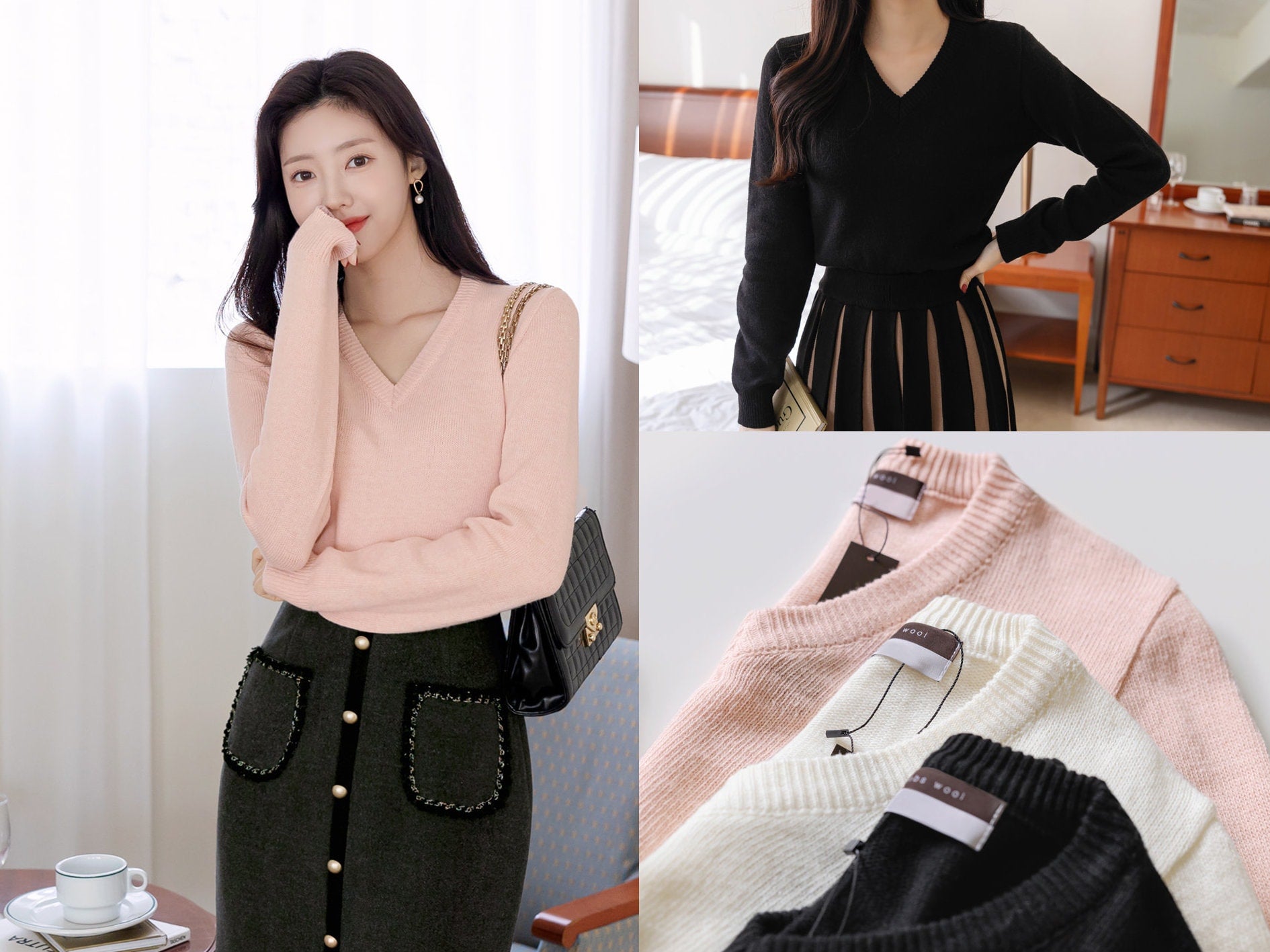 Elegant Long Sleeve Lambswool Blend Knit Top / Korean Style Women Clothes / Office Look Top / Everyday Basic Soft Knit Top