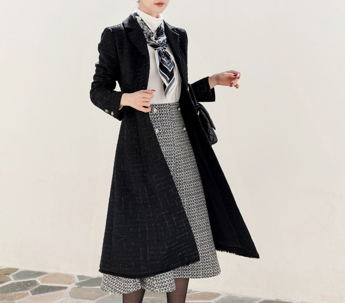 Elegant Feminine Classic Black Warm Coat / Korean Style Tweed Coat Jacket for Women / Women Long Single Coat