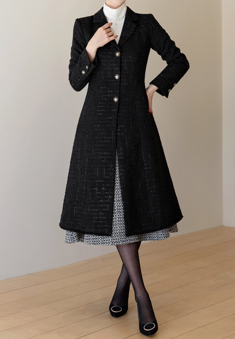 Elegant Feminine Classic Black Warm Coat / Korean Style Tweed Coat Jacket for Women / Women Long Single Coat