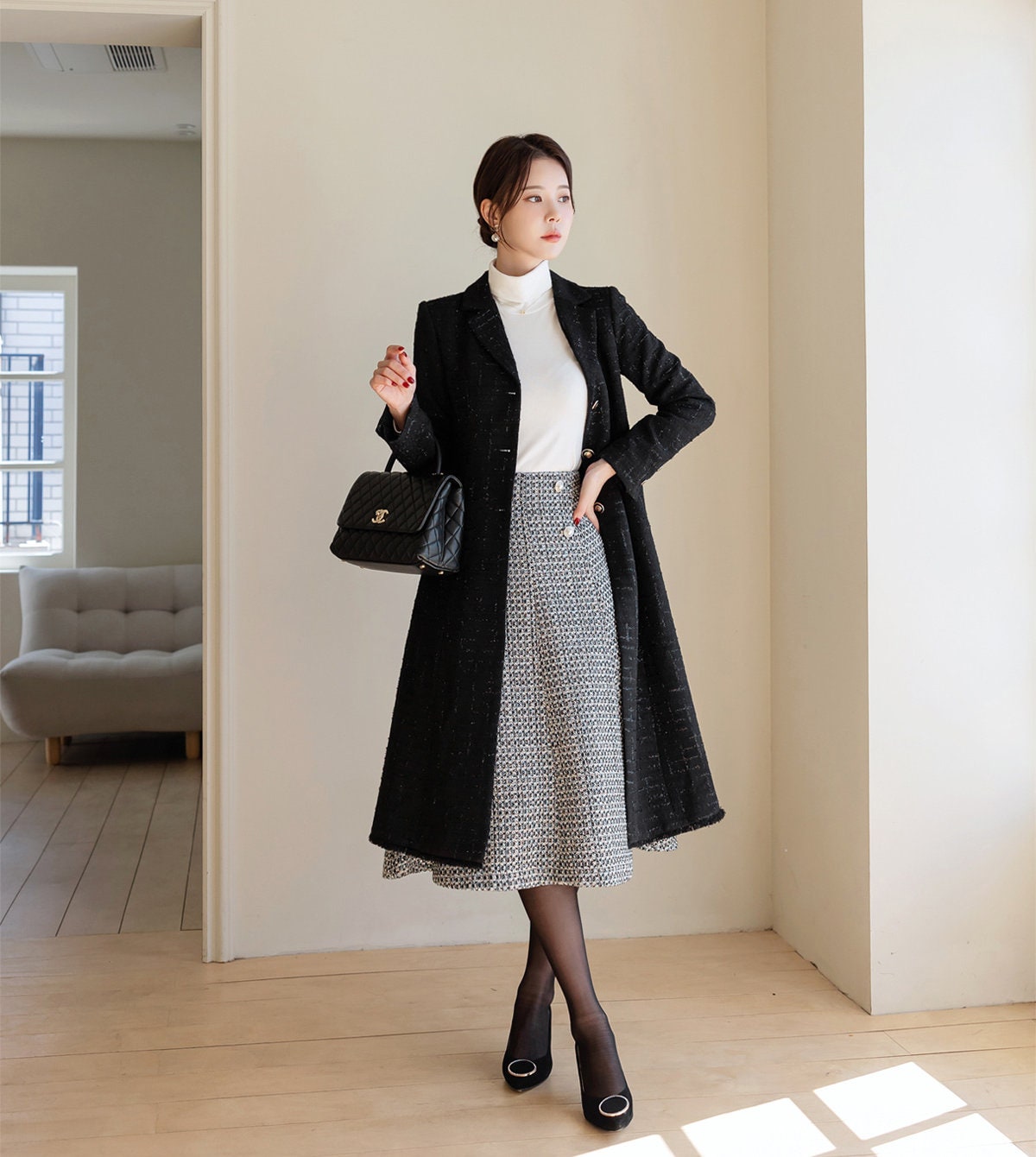 Elegant Feminine Classic Black Warm Coat / Korean Style Tweed Coat Jacket for Women / Women Long Single Coat