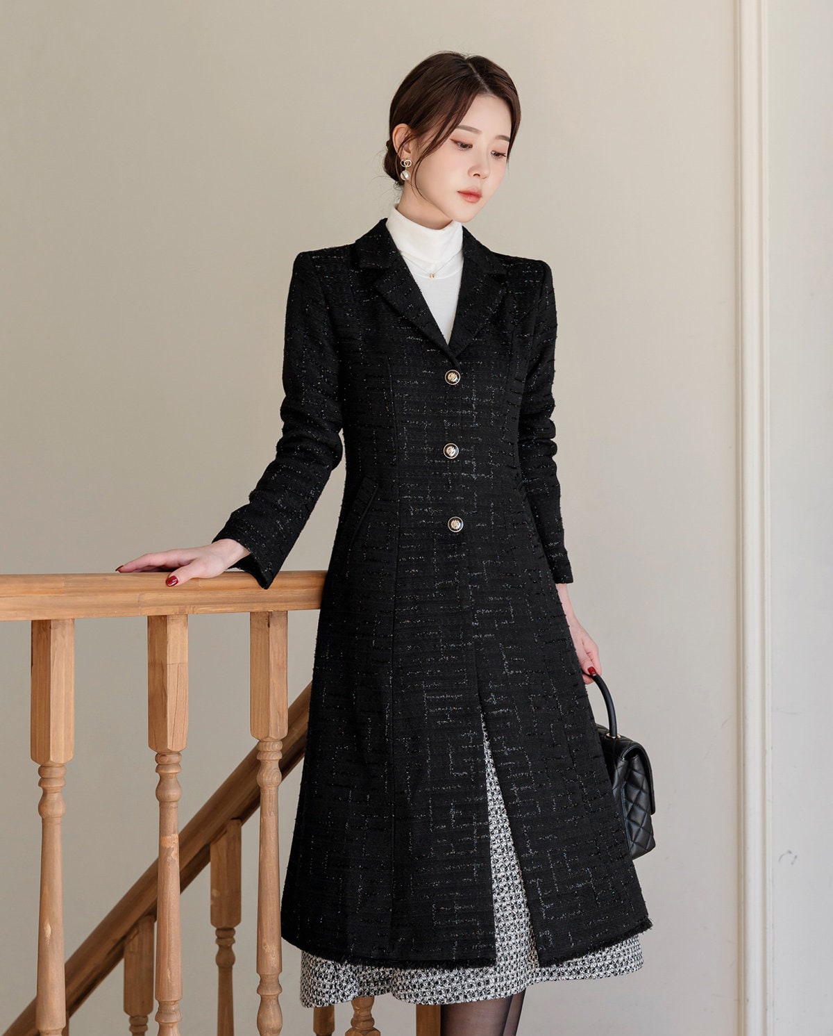 Elegant Feminine Classic Black Warm Coat / Korean Style Tweed Coat Jacket for Women / Women Long Single Coat