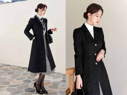 Elegant Feminine Classic Black Warm Coat / Korean Style Tweed Coat Jacket for Women / Women Long Single Coat