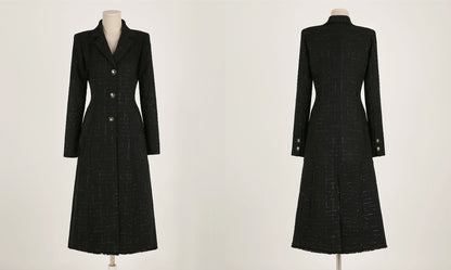 Elegant Feminine Classic Black Warm Coat / Korean Style Tweed Coat Jacket for Women / Women Long Single Coat