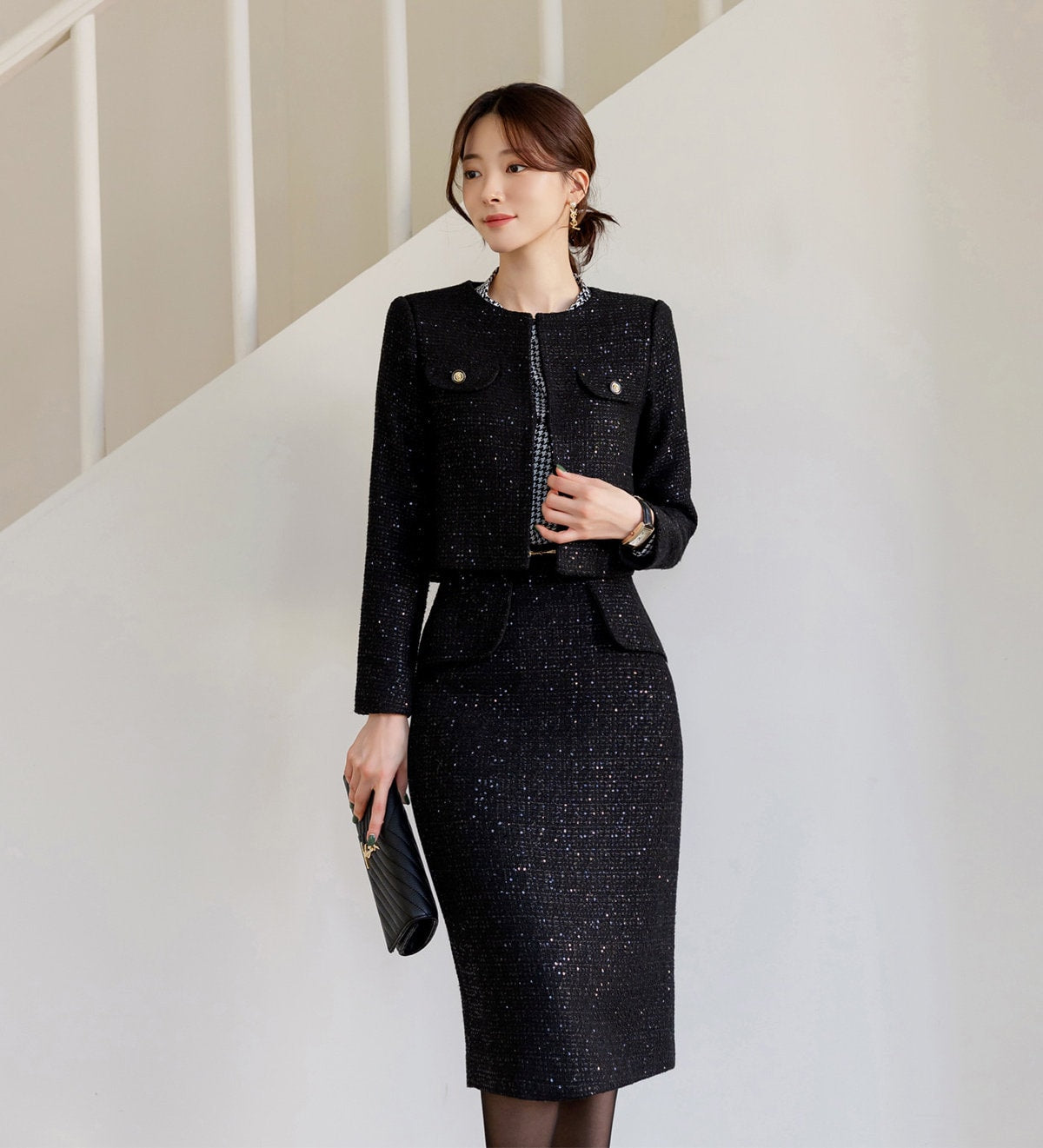 Elegant Feminin Black Tweed Peplum Skirt / Korean Style Office Look Set Up Skirt / Daily Midi Skirt for Fall to Spring