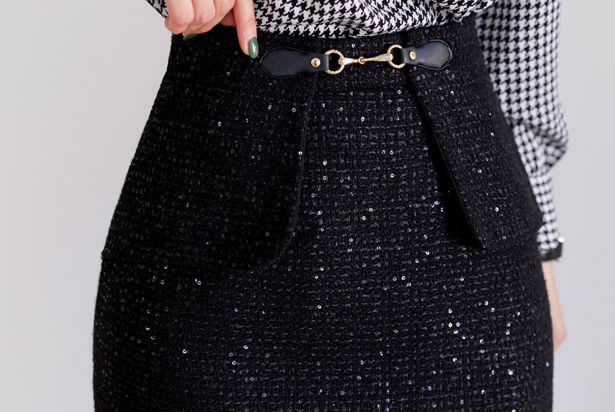 Elegant Feminin Black Tweed Peplum Skirt / Korean Style Office Look Set Up Skirt / Daily Midi Skirt for Fall to Spring