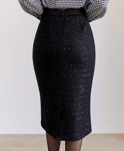 Elegant Feminin Black Tweed Peplum Skirt / Korean Style Office Look Set Up Skirt / Daily Midi Skirt for Fall to Spring