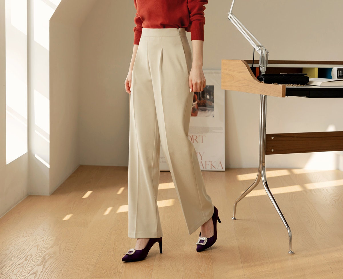 Comfortable Elegant Pin-Tuck Straight Slacks / Korean Style Women Semi-Wide Pants / Comfortable Office School Pants for Fall Winter