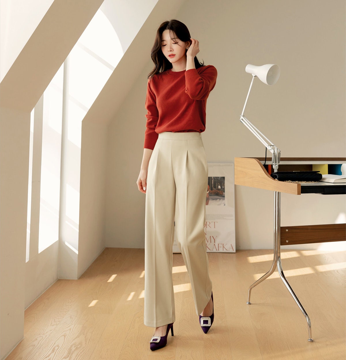 Comfortable Elegant Pin-Tuck Straight Slacks / Korean Style Women Semi-Wide Pants / Comfortable Office School Pants for Fall Winter