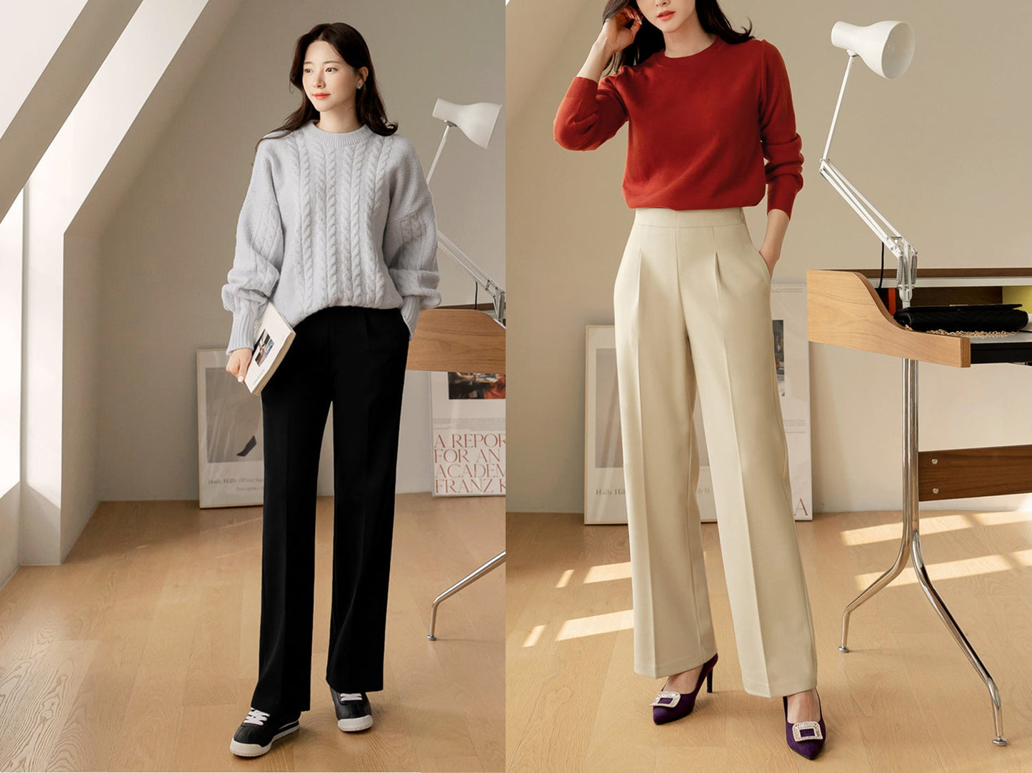 Comfortable Elegant Pin-Tuck Straight Slacks / Korean Style Women Semi-Wide Pants / Comfortable Office School Pants for Fall Winter