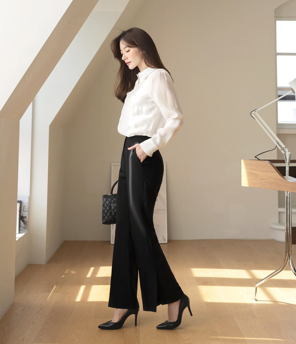 Elegant Feminine Slit Slacks for Women / Korean Style Pants, Comfortable Casual Office School Pants for Spring Fall