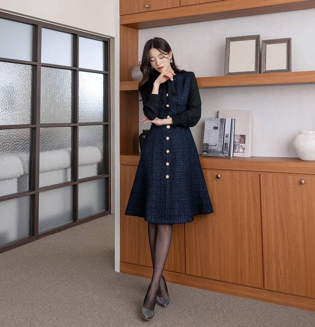 Classic Layered Tweed Flare Dress