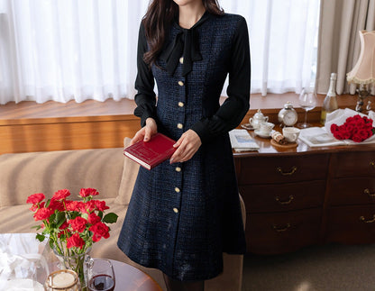 Classic Elegant Layered Tweed Flare Dress / Korean Style Feminine Ribbon Tie Neck Dress / Luxury Wear Elegant Dress