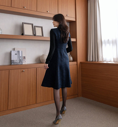 Classic Elegant Layered Tweed Flare Dress / Korean Style Feminine Ribbon Tie Neck Dress / Luxury Wear Elegant Dress