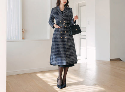 Elegant Feminine Classic Double Breasted Tweed Coat / Korean Style Coat Jacket for Women / Women Long Double Breasted Coat in Navy Color