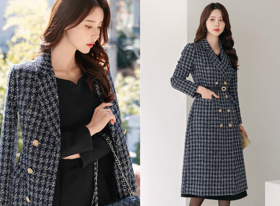 Elegant Feminine Classic Double Breasted Tweed Coat / Korean Style Coat Jacket for Women / Women Long Double Breasted Coat in Navy Color