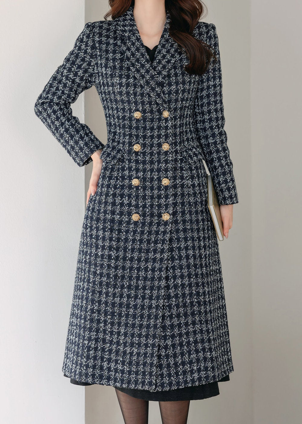 Elegant Feminine Classic Double Breasted Tweed Coat / Korean Style Coat Jacket for Women / Women Long Double Breasted Coat in Navy Color