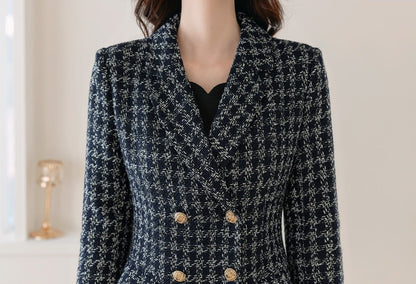 Elegant Feminine Classic Double Breasted Tweed Coat / Korean Style Coat Jacket for Women / Women Long Double Breasted Coat in Navy Color