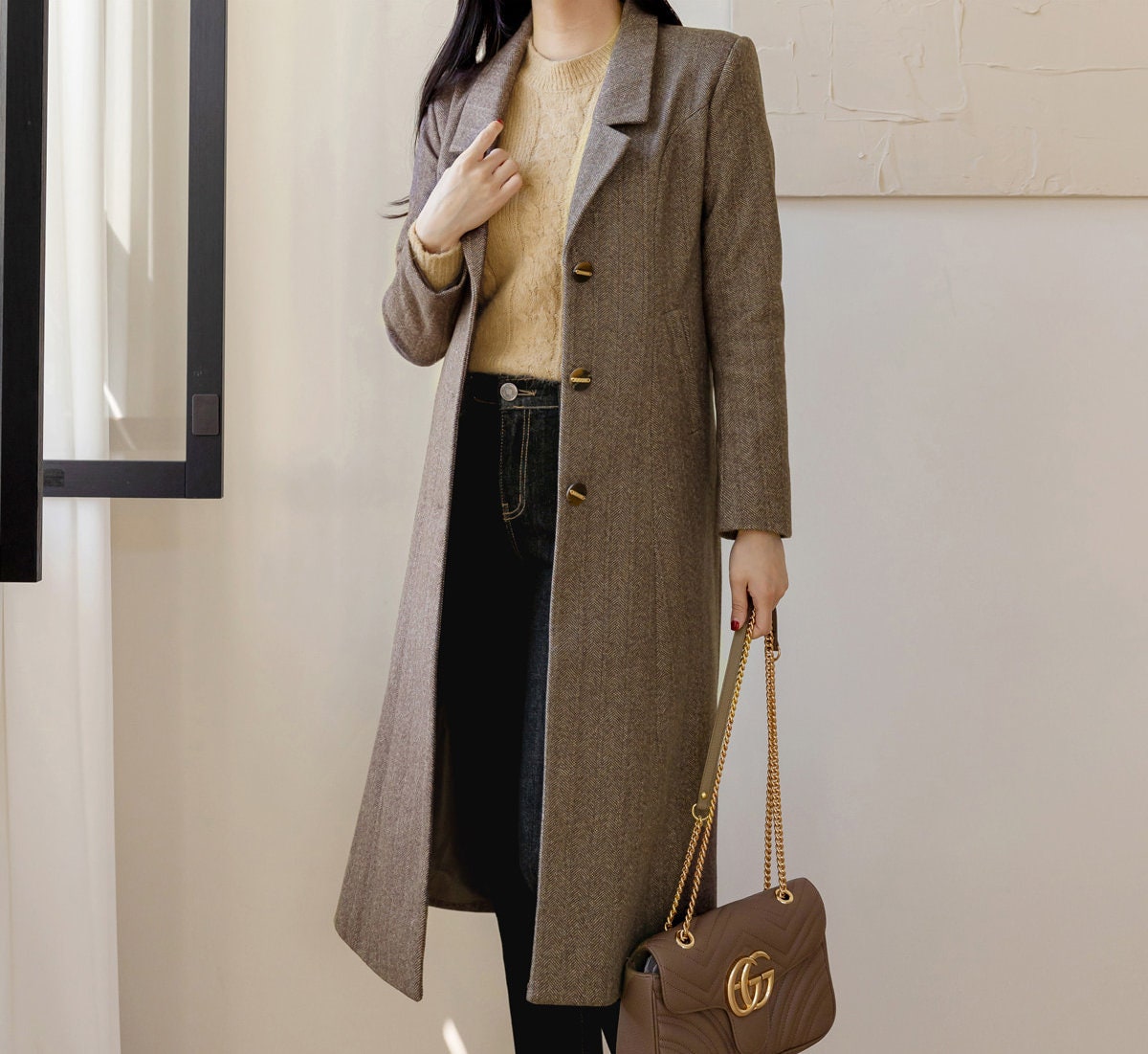 Elegant Classic Winter Coat for Women / Korean Style Tailored Collar Warm Jacket / A-line Herringbone Jacket