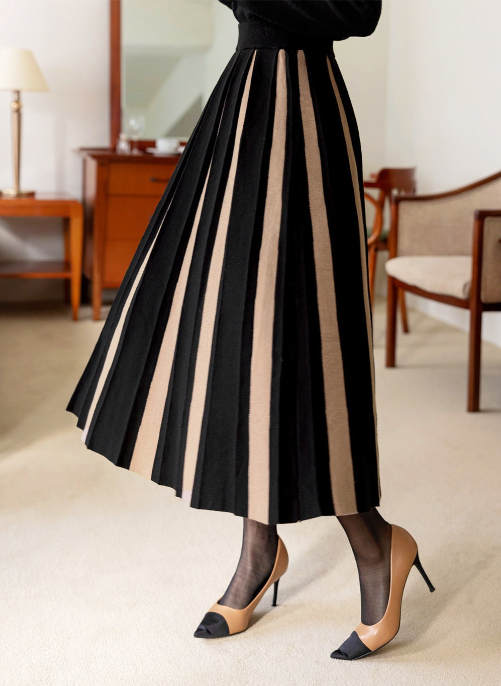 Elegant Feminin Knit Pleated Long Skirt / Korean Style Party Dress Skirt / Daily Dressy Warm Midi Skirt / Clasic Simple Fall Winter Skirt