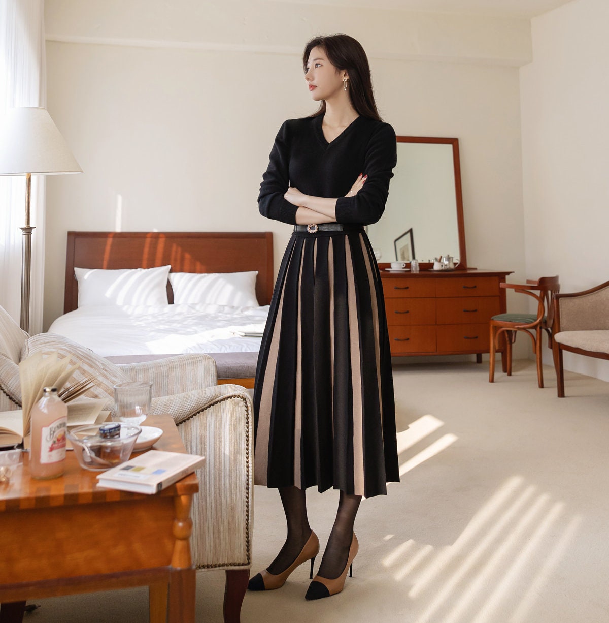 Elegant Feminin Knit Pleated Long Skirt / Korean Style Party Dress Skirt / Daily Dressy Warm Midi Skirt / Clasic Simple Fall Winter Skirt