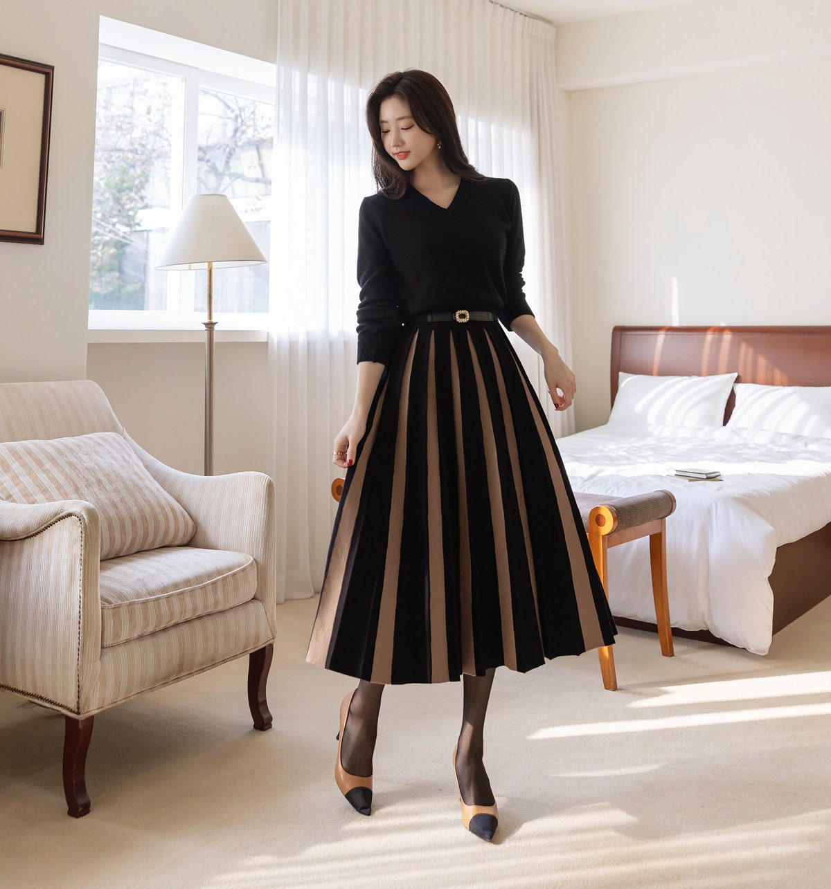 Elegant Feminin Knit Pleated Long Skirt / Korean Style Party Dress Skirt / Daily Dressy Warm Midi Skirt / Clasic Simple Fall Winter Skirt