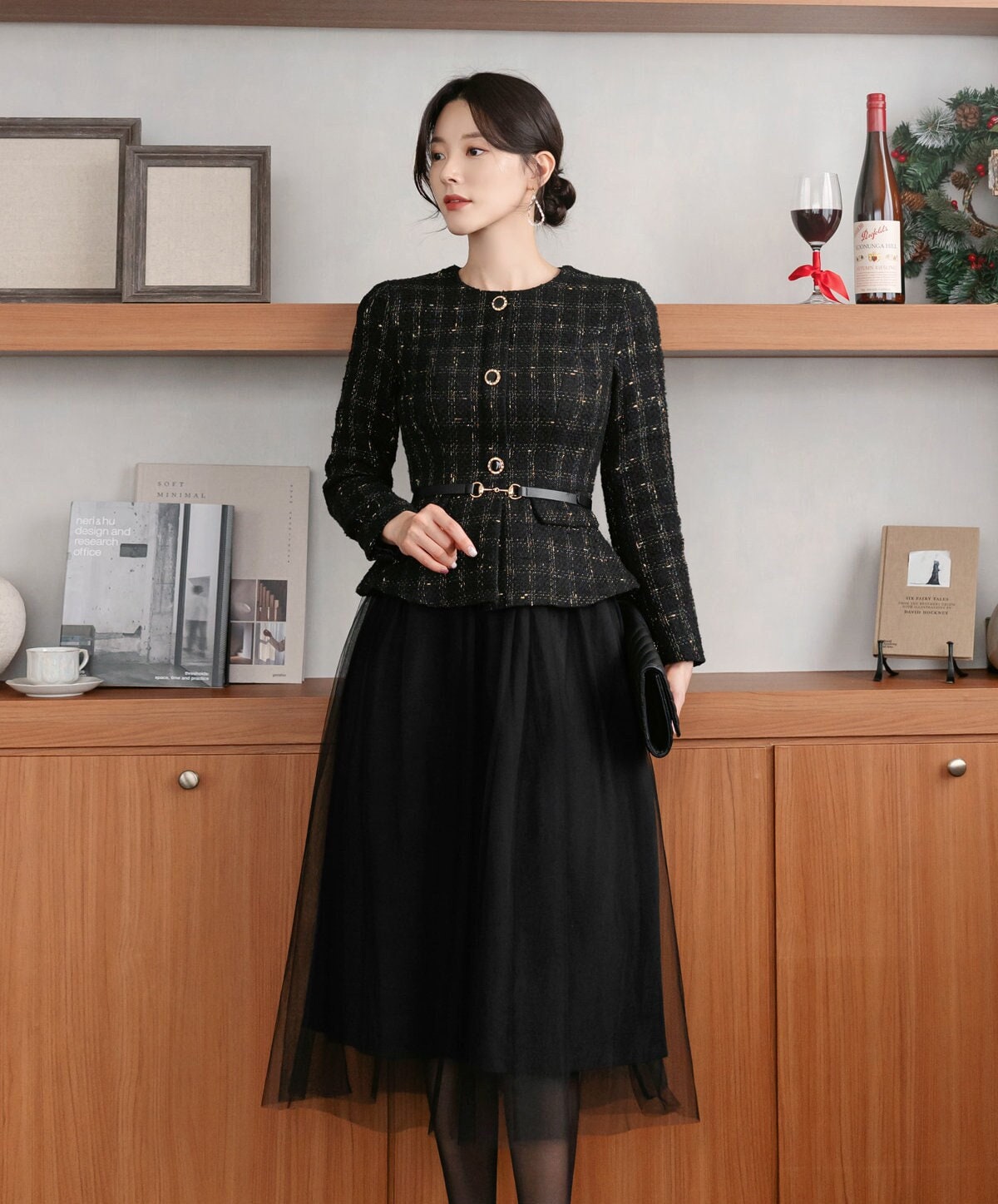 Elegant Feminin Long Sleeve Dress with Belt / Korean Style Peplum Jacket and Flare Skirt for One-piece Dress / Modern Chic Midi Dress