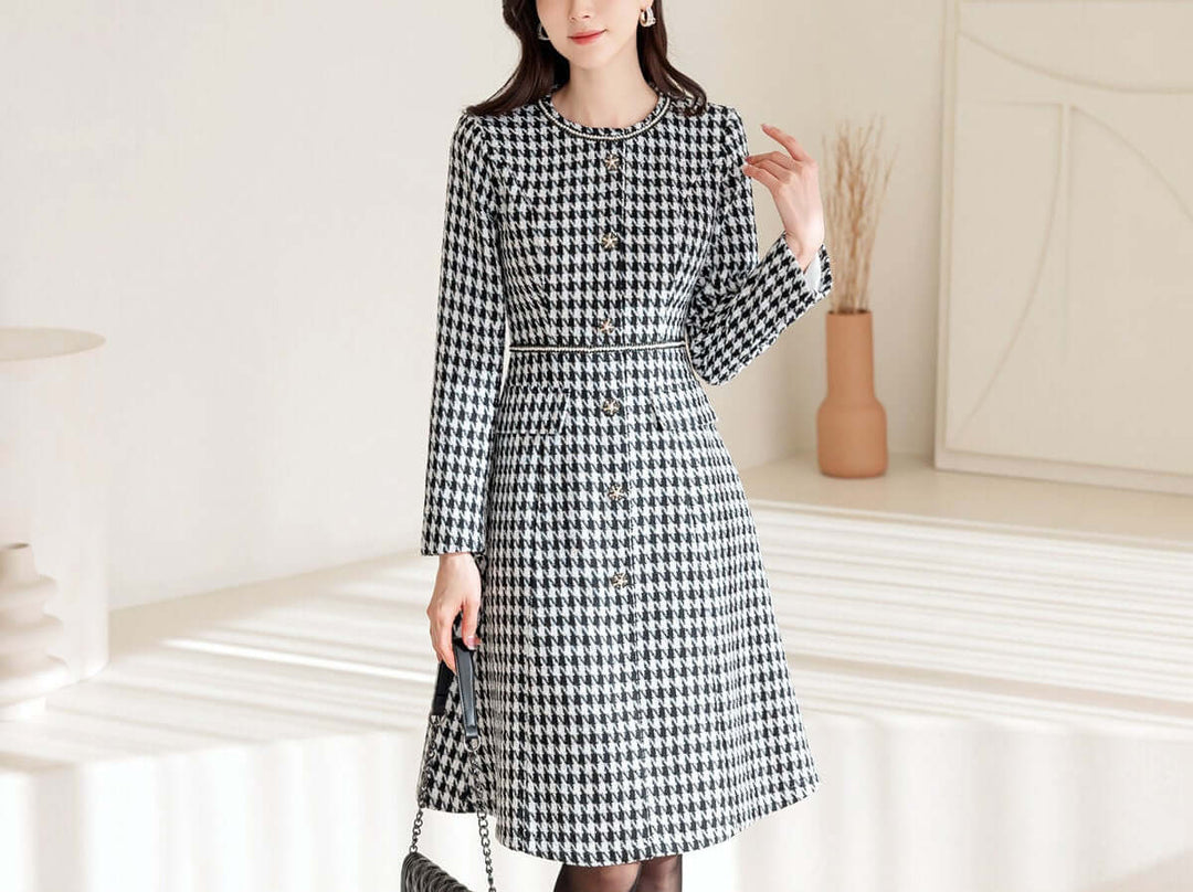 Elegant Classic Pearl Trimmed Houndstooth Tweed Flare Dress – STUDIO731