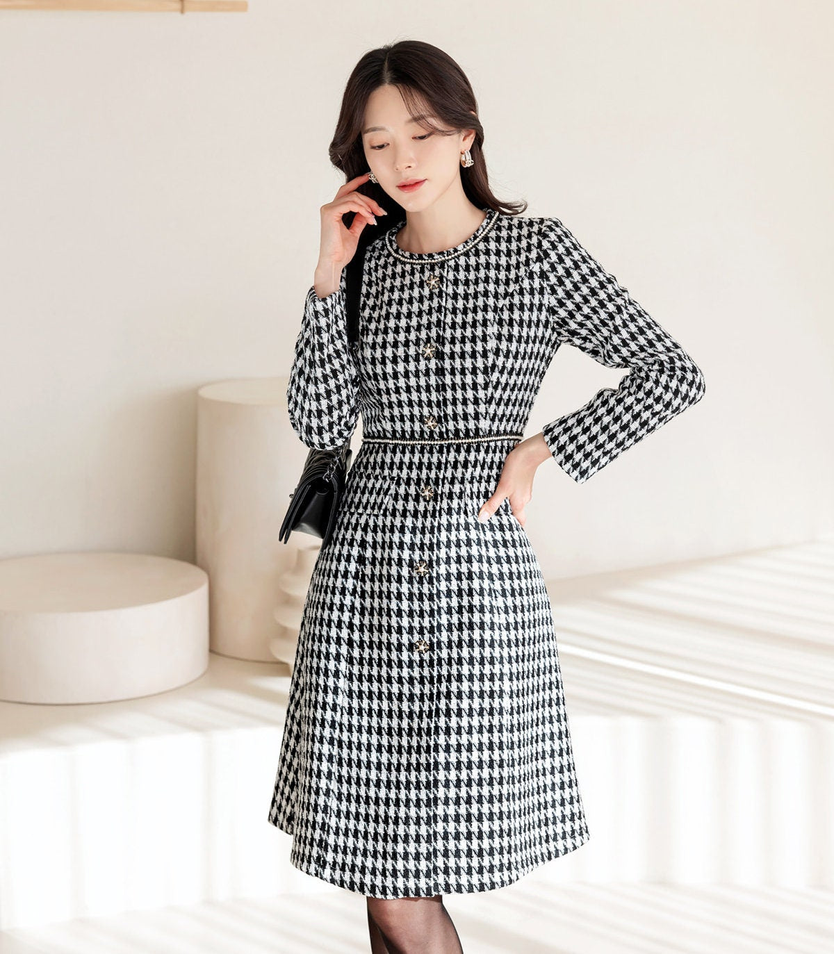 Elegant Classic Pearl Trimmed Tweed Flare Dress / Korean Style Feminine Houndstooth Dress / Luxury wear Elegant Party Dress