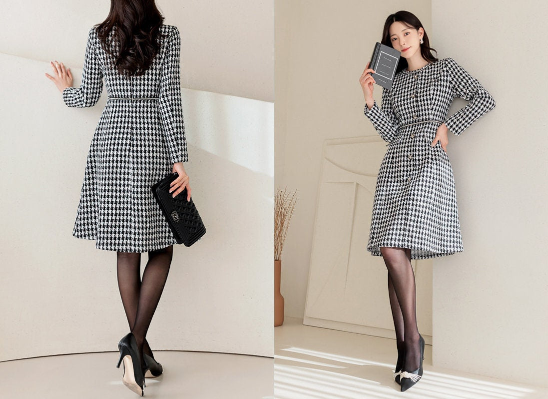 Elegant Classic Pearl Trimmed Tweed Flare Dress / Korean Style Feminine Houndstooth Dress / Luxury wear Elegant Party Dress