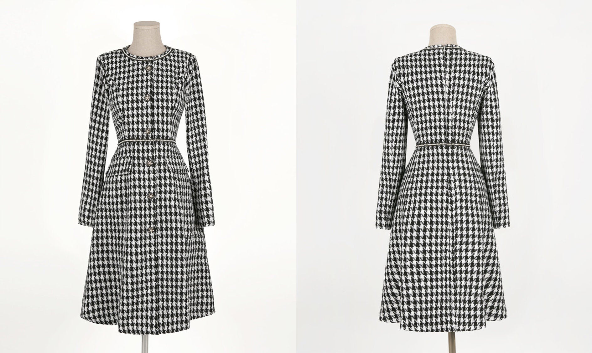 Elegant Classic Pearl Trimmed Tweed Flare Dress / Korean Style Feminine Houndstooth Dress / Luxury wear Elegant Party Dress