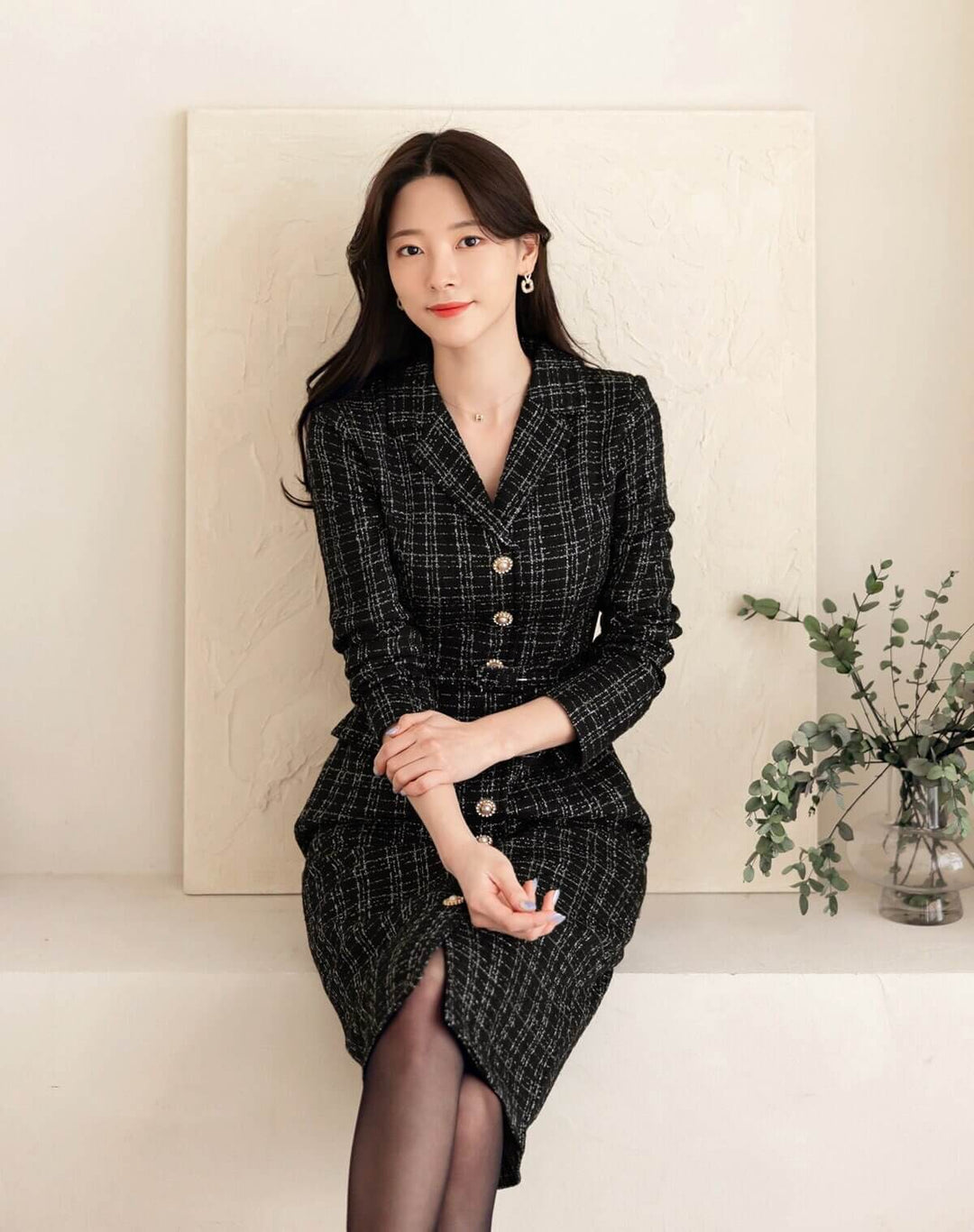 luxury korea dress Elegant Tweed Dress with Belt