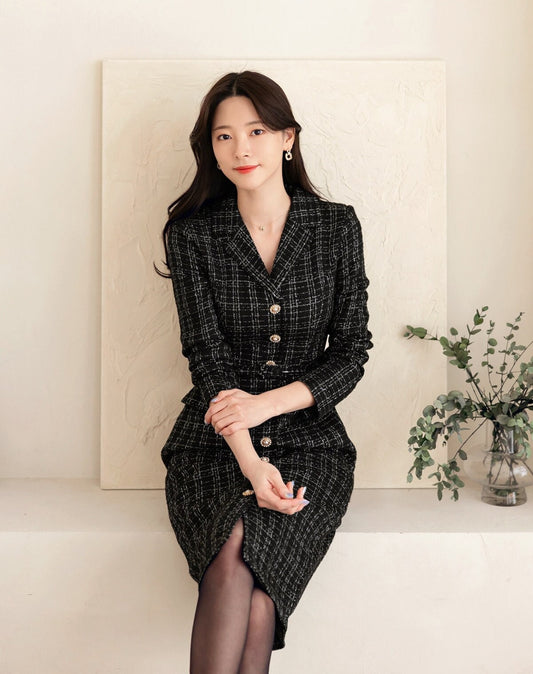 Elegant Tweed Dress with Belt / Korean Style Classic Midi Dress / Luxury wear Elegant Dress in Black