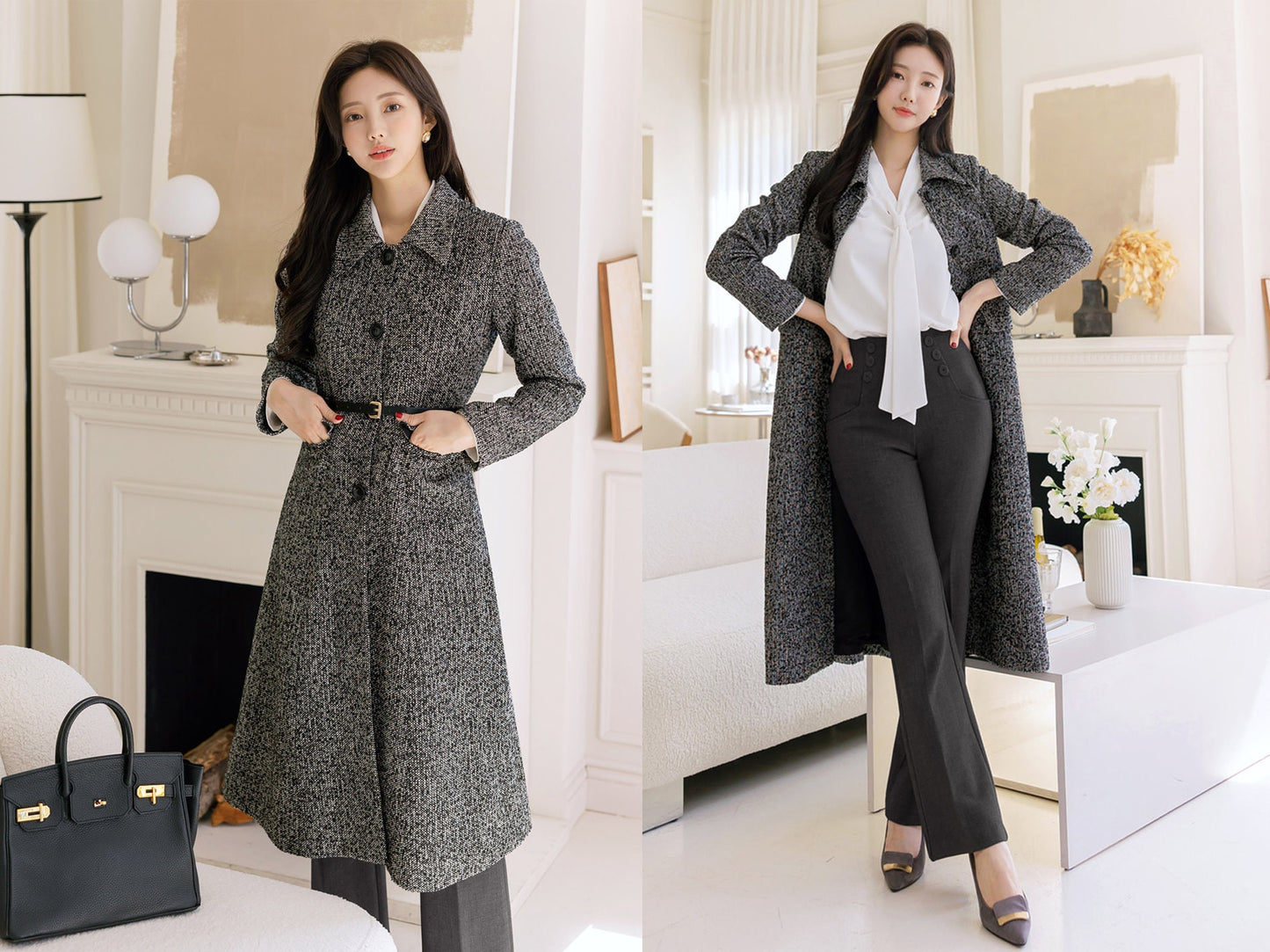 Elegant Feminine Classic Warm Coat with Belt / Korean Style Coat Jacket for Women / Women Long Single Coat