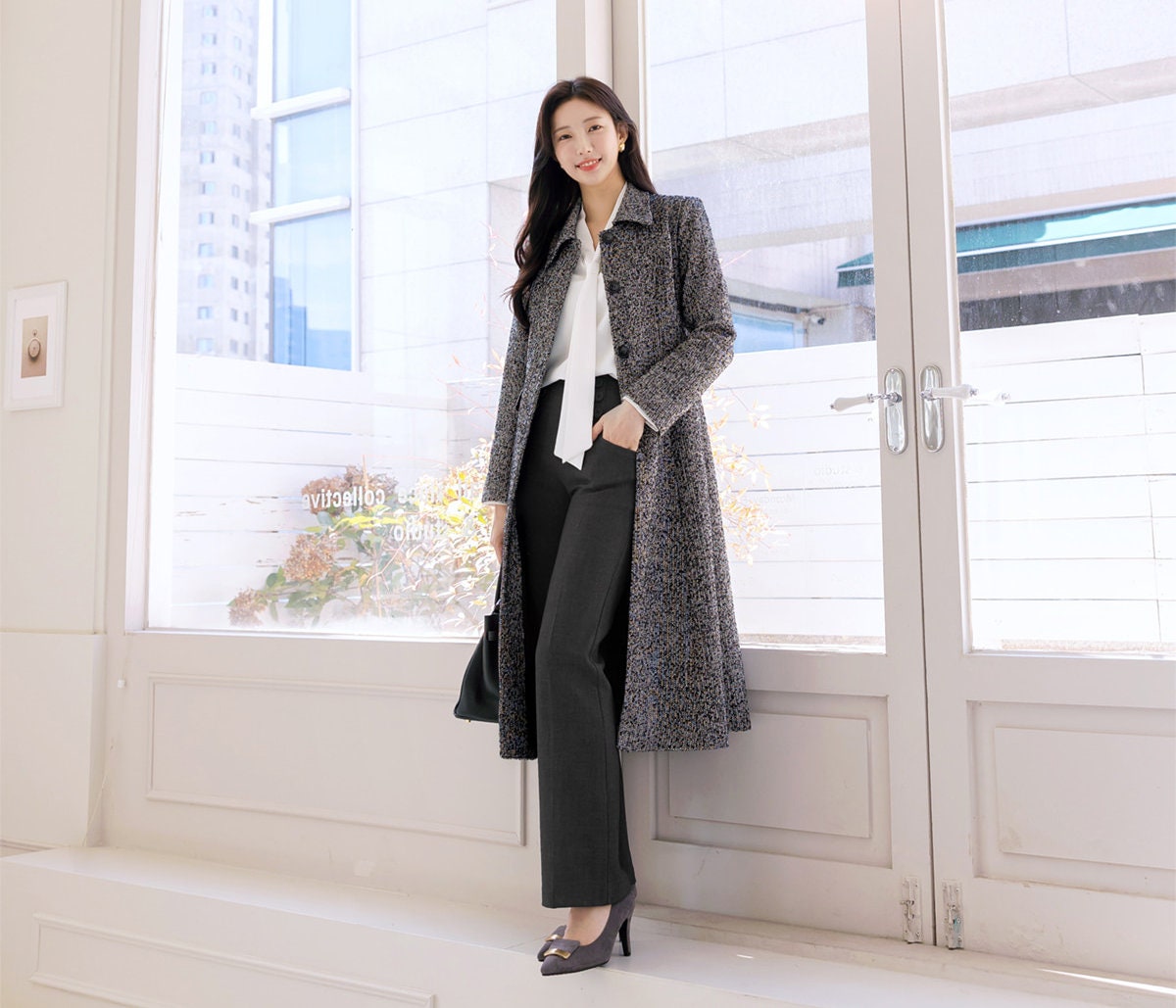 Elegant Feminine Classic Warm Coat with Belt / Korean Style Coat Jacket for Women / Women Long Single Coat