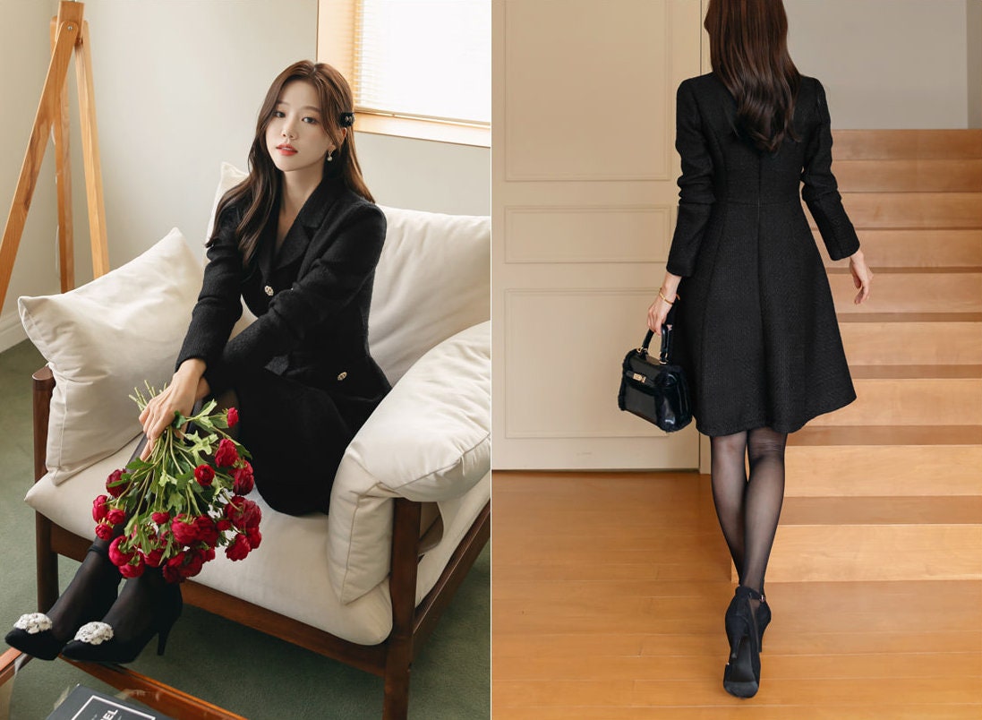 Luxury Elegant Black Tweed Mini Dress / Korean Style Winter Mini Flare Dress / Luxury wear Elegant Dress